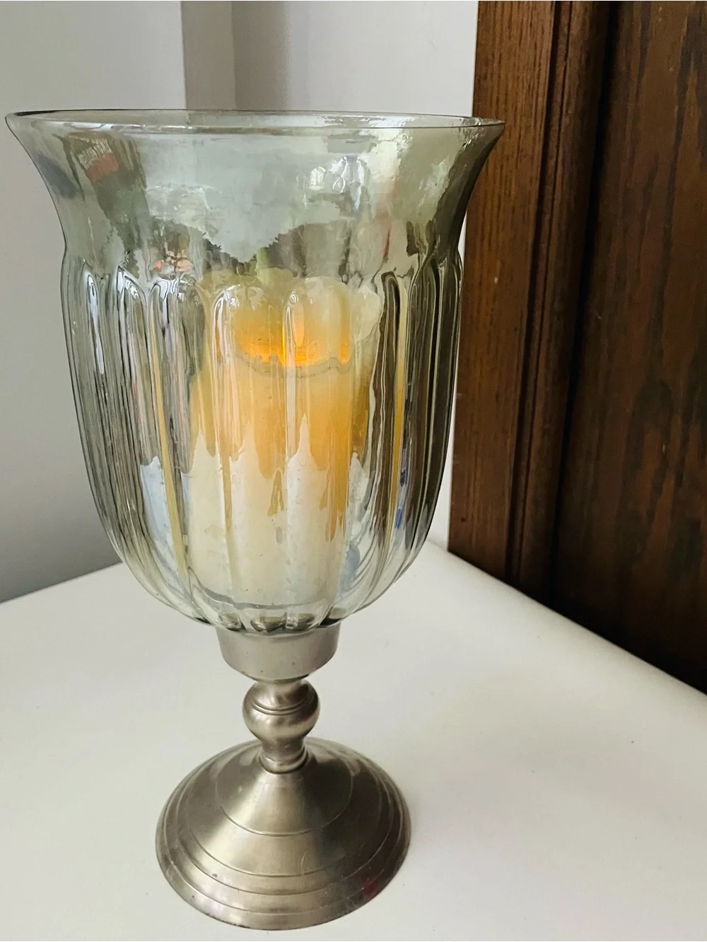 Classic Glass Hurricane Candle Holder with Pewter Base - Clear/Silver